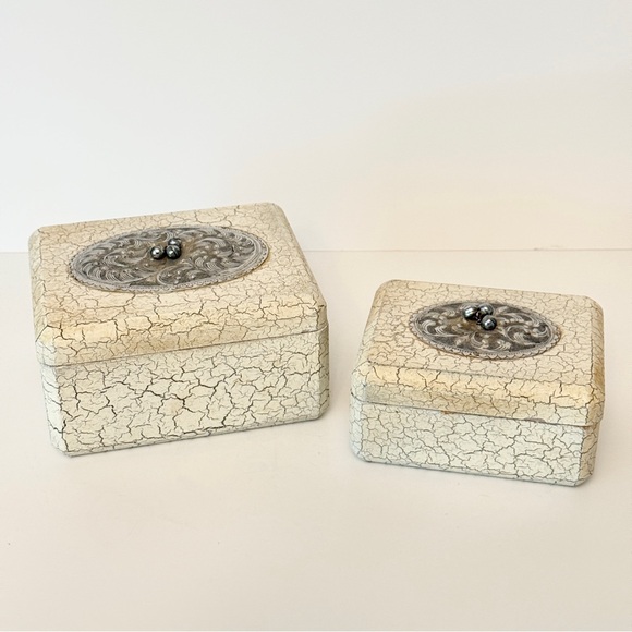 Vintage Cream Crackle Jewelry Boxes with Silver Decorative Design - Picture 1 of 15